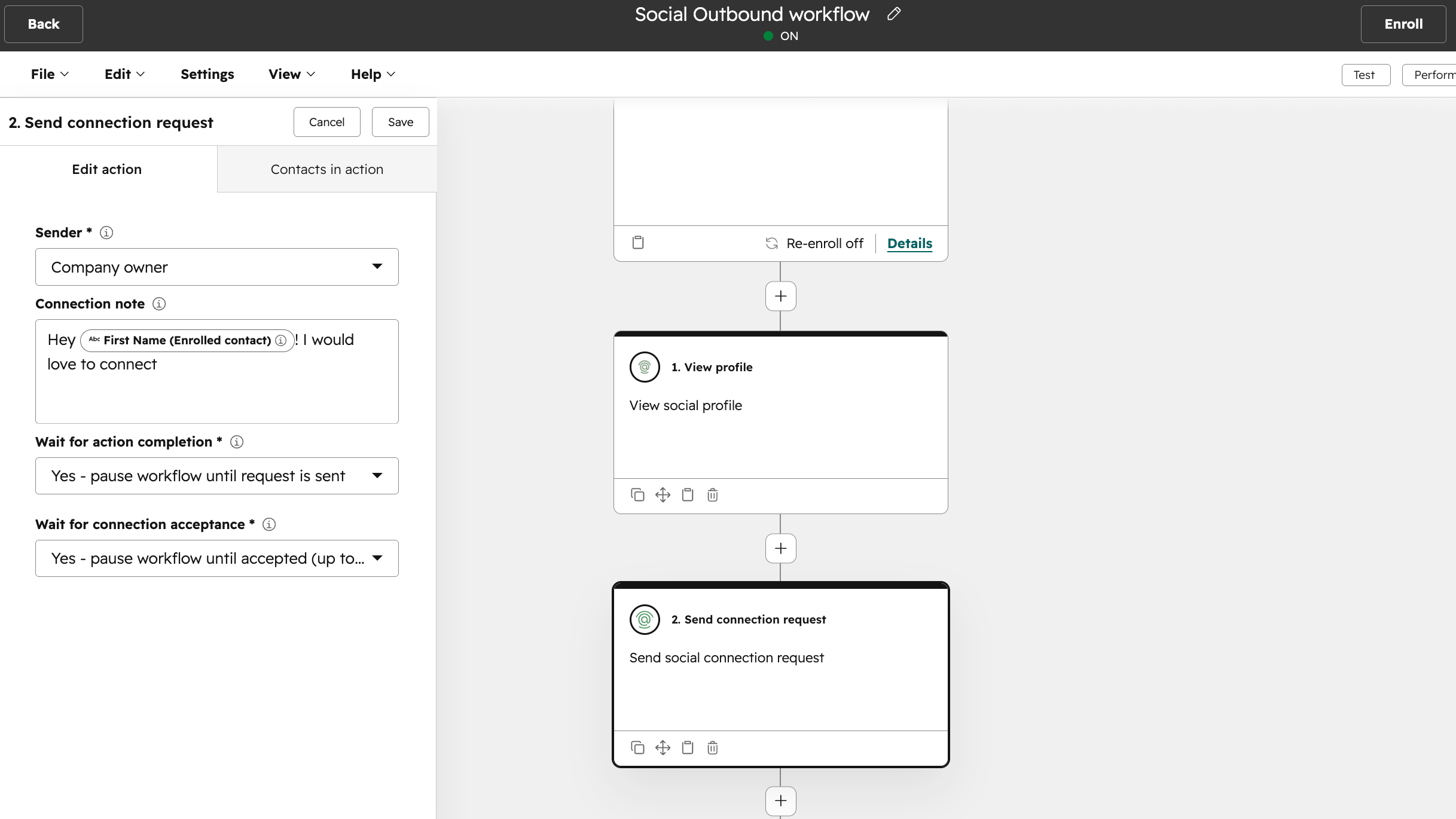 Configuration of connection request action in workflow builder