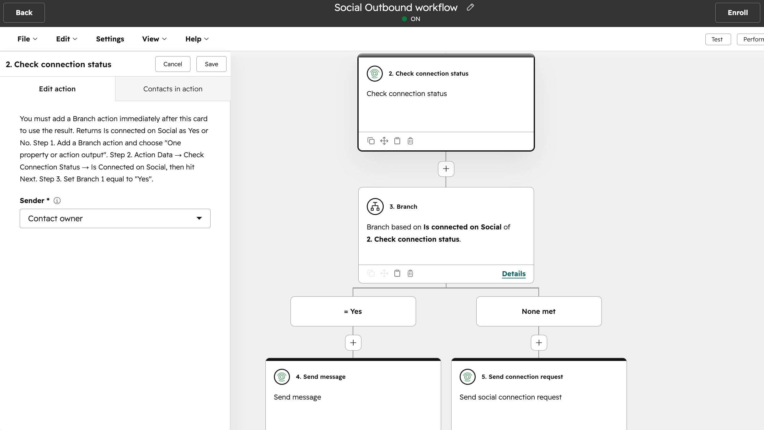 Configuration of check connection status action in workflow builder