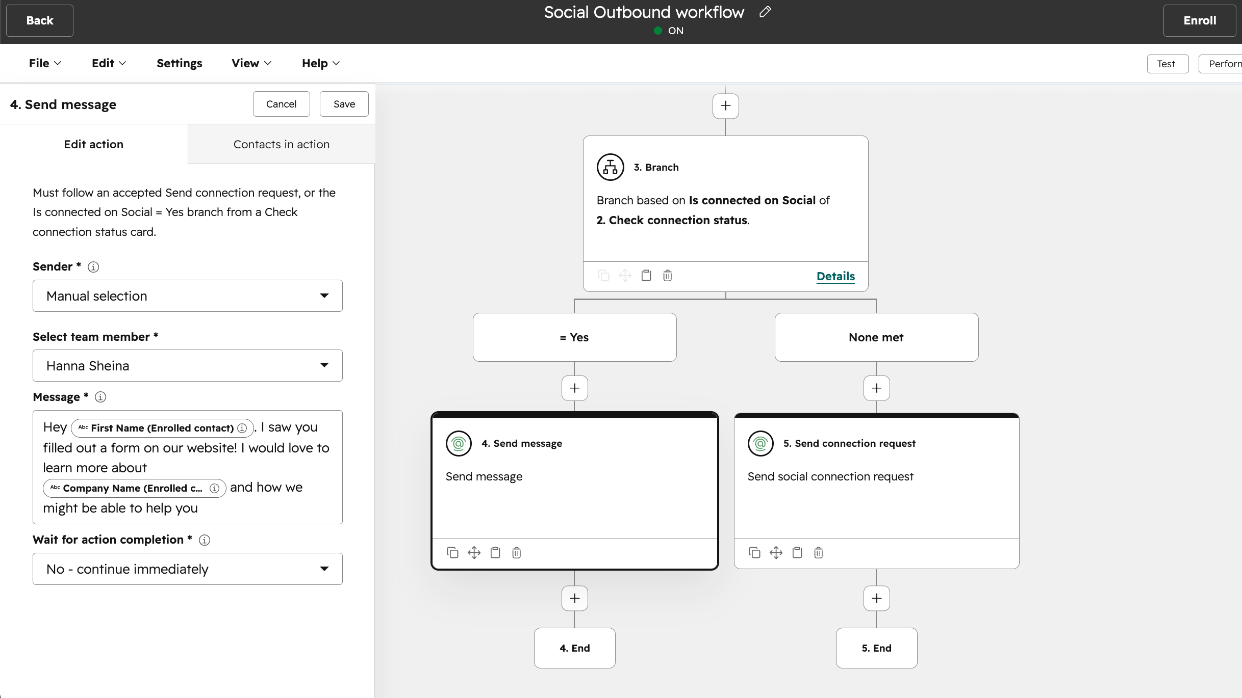 Configuration of send message action in workflow builder